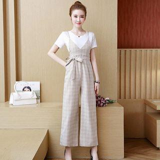 Set: Short-sleeve T-shirt + Spaghetti Strap Wide-leg Plaid Jumpsuit
