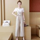 Set: Short-sleeve T-shirt + Spaghetti Strap Wide-leg Plaid Jumpsuit