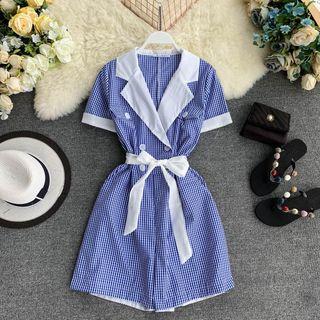 Plaid Short-sleeve Double-breasted Playsuit