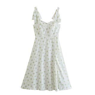 Sleeveless Bow-strap Floral Slit Dress