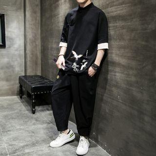 Set: Elbow-sleeve Crane Embroidered Shirt + Harem Pants