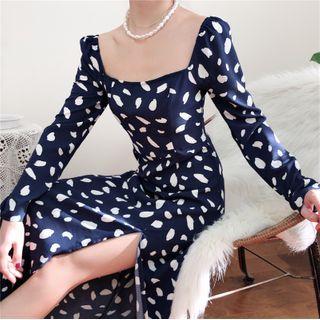 Print Square-neck Long-sleeve Dress