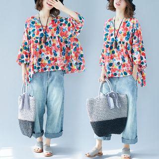 V-neck Balloon-sleeve Dotted Blouse Multicolor - White - One Size