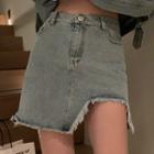 Denim Irregular Hem Mini Pencil Skirt