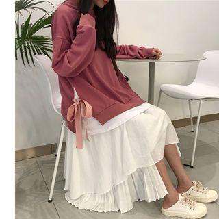 Mock Two-piece Bow Accent Pullover / Irregular Hem Midi A-line Skirt