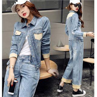 Set: Denim Buttoned Jacket + Wide-leg Jeans