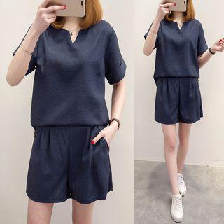 Set: Short-sleeve Notch Neckline Top + Shorts