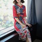 Print Elbow-sleeve A-line Silk Dress