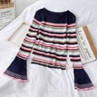 Bell-sleeve Striped Knit Top Dark Blue - One Size