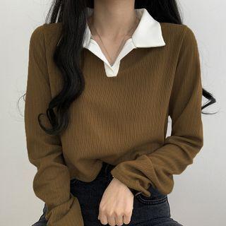 Long-sleeve Contrast Collar Crop Top