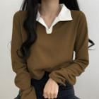 Long-sleeve Contrast Collar Crop Top
