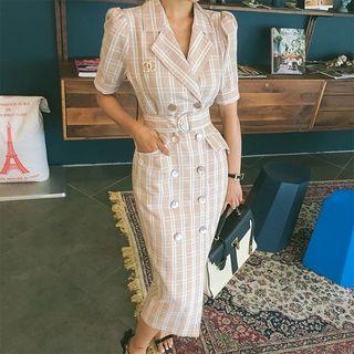Plaid Short-sleeve Double-breasted Dress