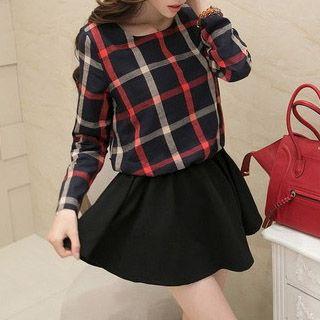 Long-sleeve Plaid Mock Two Piece Dress