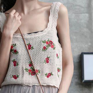 Floral Embroidered Cropped Knit Tank Top