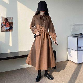 Long-sleeve Bow Accent Button-up Midi A-line Dress