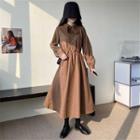 Long-sleeve Bow Accent Button-up Midi A-line Dress