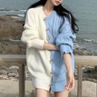 Two-tone Button-up Knit Cardigan White & Blue - One Size