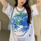 Rhinestone-neckline Earth-print Loose T-shirt White - One Size