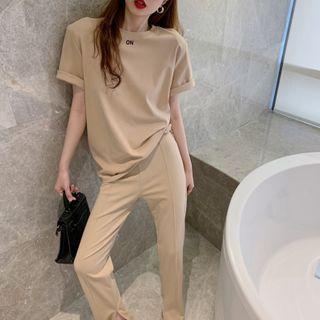 Set: Short-sleeve Lettering T-shirt + Straight Leg Pants