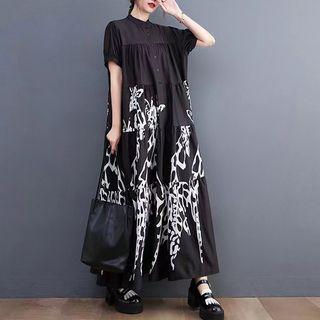 Short-sleeve Print Maxi A-line Dress Black - One Size