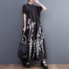 Short-sleeve Print Maxi A-line Dress Black - One Size