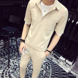 Set: V-neck Short-sleeve Polo Shirt + Plain Cropped Pants