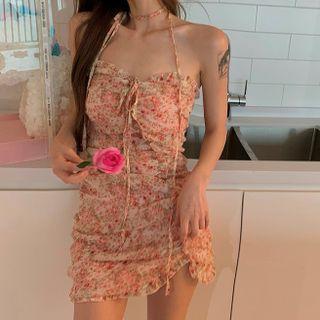 Sleeveless Floral Print Drawstring Mini Sheath Dress As Shown In Figure - One Size