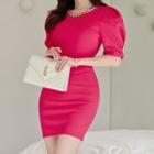 Set: Puff-sleeve Sheath Dress + Chain Necklace