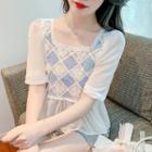 Puff Sleeve Square-neck Knit Panel Top