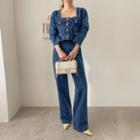Set: Square-neck Denim Jacket + Bootcut Jeans