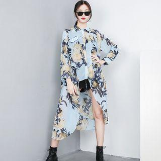 Long-sleeve Print High Low Shirt Dress