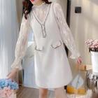 Set: Long-sleeve Lace Top + Tweed Mini A-line Pinafore Dress