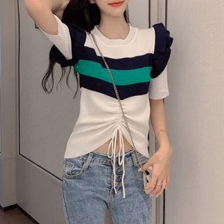 Short-sleeve Ruffled Drawstring Knit Top
