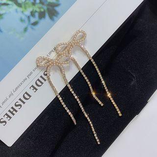 Faux Pearl Rhinestone Bow Fringed Earring 1 Pair - As Shown In Figure - One Size