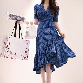 Elbow-sleeve Patterned Ruffled A-line Midi Dress