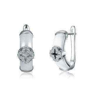 Sterling Silver Fashion Elegant Four-leafed Clover Cubic Zircon White Ceramic Earrings Silver - One Size