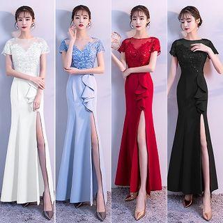 Sequined Short-sleeve Slit-front Mermaid Evening Gown