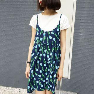 Set: Strappy Floral Dress + Short-sleeve T-shirt