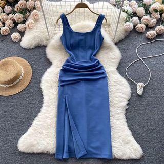 Suspender Square-neck Ruched Slit Dress