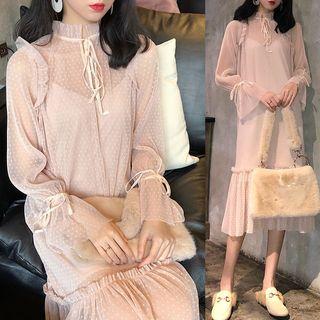 Set : Dotted Long-sleeve Dress + Spaghetti Strap Dress