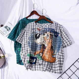 Short-sleeve Dog Print T-shirt Plaid - Green - One Size