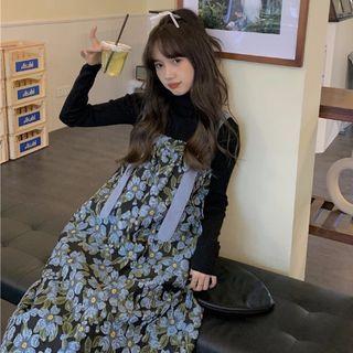 Flower Print Midi Overall Dress Blue - One Size