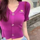 Short-sleeve Embroidered Knit Crop Top Purple - One Size