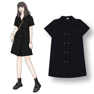 Double-breasted Short-sleeve Collared Dress Navy Blue - One Size