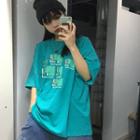 Short-sleeve Print Loose-fit T-shirt Mint Green - One Size