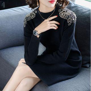 Long-sleeve Jeweled Knit Mini Dress