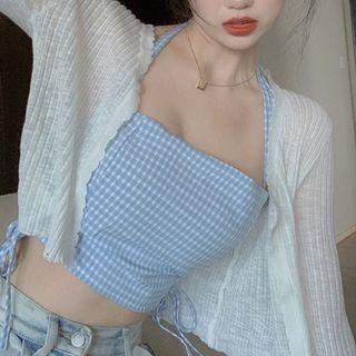 Halter Neck Plaid Camisole Top / Cardigan