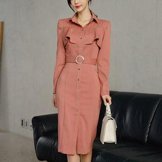 Long-sleeve Frill Trim Shirt Dress