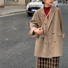 Button Coat / Mock Neck Long-sleeve Top / Midi Plaid A-line Skirt