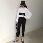 Set: Letter Paneled Hoodie + Striped Trim Cropped Pants